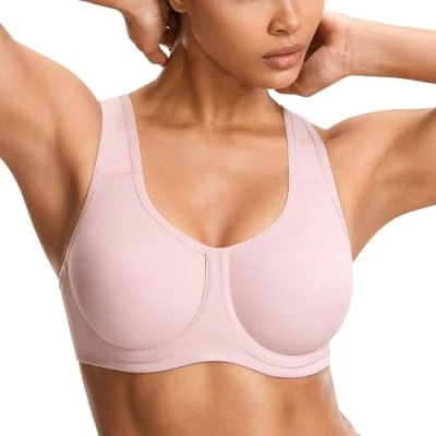 Afbeelding van SYROKAN Sportbeha Vrouwen Max Control Solid High Impact Plus Size Onderdraad Sport BH met beugel voor grote maten Rhodoniet roze 80C