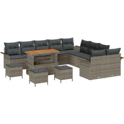 Afbeelding van vidaXL 14 delige tuinsofa set met kussens grijs poly rattan acacia, 2 zits opslag &amp; rattan, 4 tuin eetset acacia
