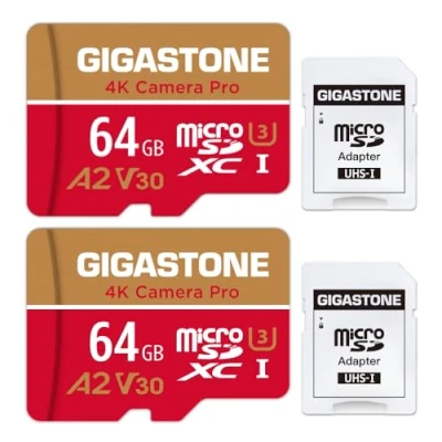 Afbeelding van Gigastone Geheugenkaart 64 GB set van 2 kaarten, 4K camera Pro, compatibel met GoPro Switch, snelheid 95 MB/s. A2 U3 V30 Micro SDXC kaart SD adapter.