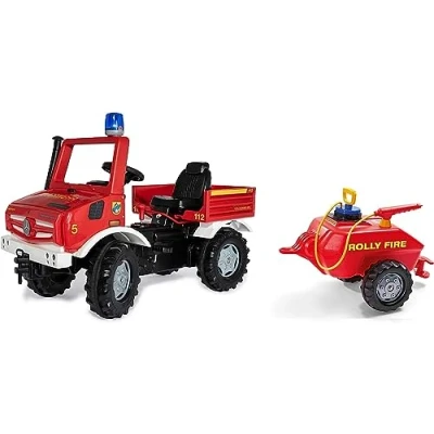 Afbeelding van Rolly Toys Unimog 038275 Brandweerauto met aanhanger vanaf 3 jaar, om zelf te rijden fluisterloopbanden, schakeling, handrem, pedaalvoertuig, trapauto brandweer