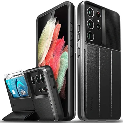 Afbeelding van Vena vCommute Beschermhoes voor Samsung Galaxy S21 Ultra (6,8 inch), (militaire kwaliteit, kaartvakken, portefeuille, leer, met standaard, grijs