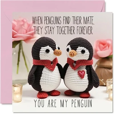 Afbeelding van Pinguïn Valentijnsdag verjaardagskaart gebreide pinguïns schattige romantische kaart voor vriendin vriend vrouw echtgenoot partner hem haar, 145 mm x verjaardag wenskaarten