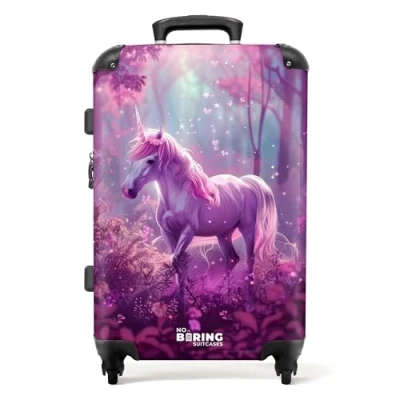 Afbeelding van NoBoringSuitcases.com® Koffer groot Rolkoffer lichtgewicht Eenhoorn omringd door de paarse natuur Reiskoffer met 4 wielen Grote trolley XL 20 kg bagage
