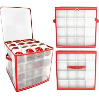 Afbeelding van Kerstballen opbergdoos met verdelers plaats voor maximaal 64 kerstballen, opvouwbare opberghouder handgrepen, ritssluiting, kerstversieringen en decoratiecontainer
