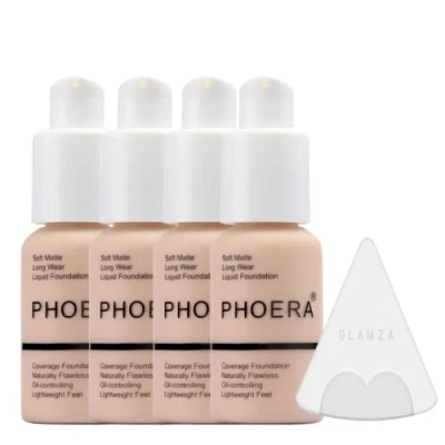 Afbeelding van Glamza Phoera foundation make up set met volledige dekking 24 uurs langdurige oliebestrijding zachte gladde matte vlekkeloze concealer crème Inc x4 30 ml en siliconen blender spons (101 porselein)