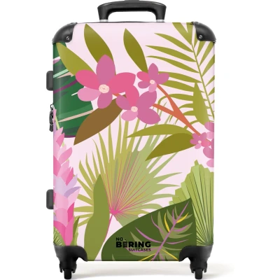 Afbeelding van NoBoringSuitcases.com® Koffer groot Rolkoffer lichtgewicht Roze met kleurrijke bladeren Reiskoffer 4 wielen Grote trolley XL 20 kg bagage