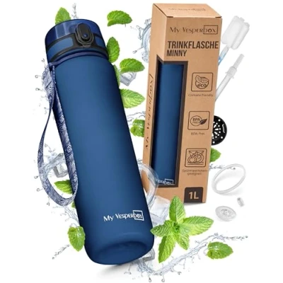 Afbeelding van My Vesperbox Minny Kinderdrinkfles 750 ml, lekvrij en BPA vrij, inclusief reserveafdichting, reinigingsborstel, fruitzeef optioneel rietje, ideaal voor school, kleuterschool sport