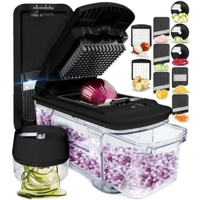 Afbeelding van groentesnijder, mandoline, groenteschaaf, komkommerschaaf, uiensnijder, aardappelsnijder, fruitsnijder, rasp voor groenten en kaas, juliennesnijder (alles in 1 zwart)