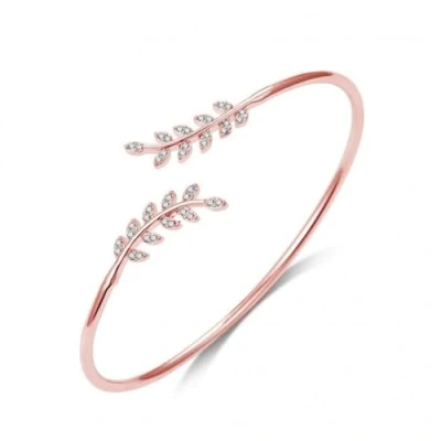 Afbeelding van Philip Jones Rose Gold Plated Leaf Bangle Gemaakt met Zirkondia® Kristallen, Eén maat, Kristal, Kristal
