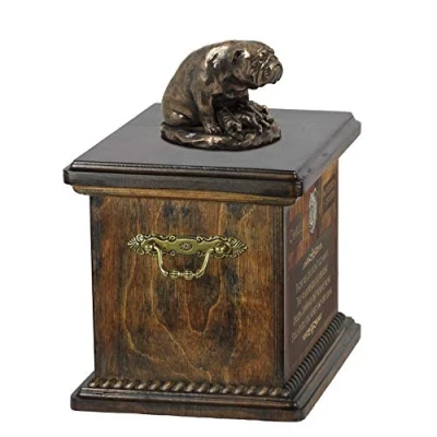 Afbeelding van Art Dog Custom Sitting Statue Memorial Urn Handgemaakt koud gegoten brons op berkenhouten voet 8,3x11,4x8,7 5l Engelse Bulldog V