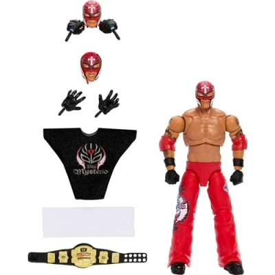 Afbeelding van Mattel WWE Ultimate Edition Fan TakeOver Actiefiguur, Rey Mysterio verzamelset met verwisselbare accessoires zoals extra hoofden en handen (exclusief Amazon)