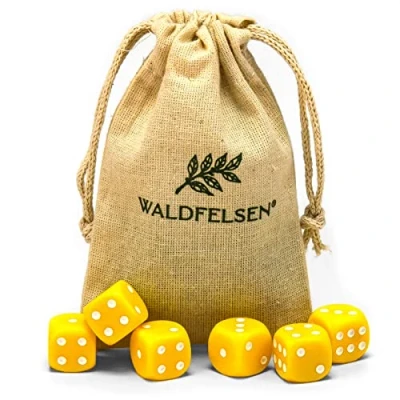 Afbeelding van Waldfelsen 6, 12, 20, 30 of 50 hoogwaardige dobbelstenen, standaardformaat, 16 mm, acryldobbelstenen, speeldobbelstenen, 6 zijdig, zeszijdig speelaccessoireset met stoffen zak (geel,