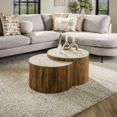 Afbeelding van Fraaai Eshal salontafel set van 2 halfrond zand Hout