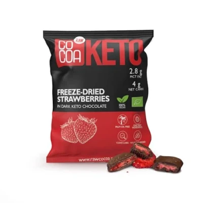 Afbeelding van Aardbeien in chocolade KETO BIO 40 g, slechts 4 g koolhydraten, koolhydraatarme snack met MCT olie, chocolade, perfect voor een ketogeen en koolhydraatarm dieet
