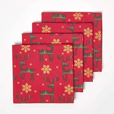 Afbeelding van Homescapes Kerstservetten rendier, set van 4, rood
