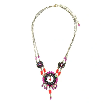 Afbeelding van Behave Antiek goudkleurige ketting met ronde fantasie hanger en roze rode kraaltjes