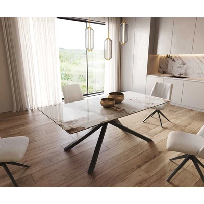 Afbeelding van DELIFE Eetkamertafel Edge 200x100 keramiek Minas Melange wit beige kruisframe rechthoek zwart