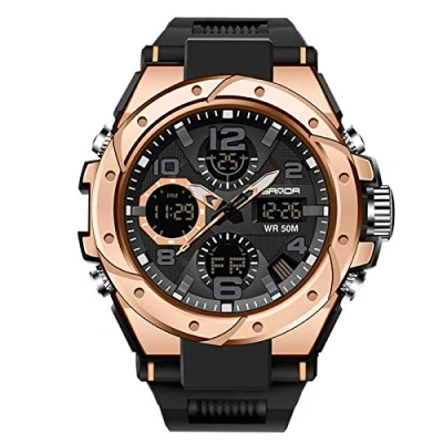 Afbeelding van RORIOS Militair sporthorloge voor heren en jongeren, digitaal kwartshorloge met siliconen armband, elektronisch alarmtimer, roségoud, Riemen.