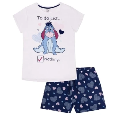 Afbeelding van Eeyore Korte pyjamaset voor dames, 100% katoen, gelicentieerd Winnie the Poeh cadeau, UK 8 26, Wit Korte, 38 40
