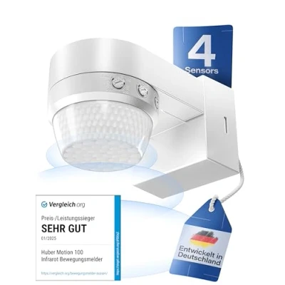 Afbeelding van HUBER Motion 100 infrarood bewegingsmelder 360 met 4 sensoren en Fresnel lens IP65 geschikt voor LED I incl. kruipbeveiliging &amp; bereikbegrenzing, wand /plafondmontage, wit