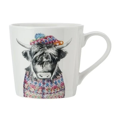 Afbeelding van Mikasa Tipperleyhill Highland Koe Print Porseleinen Mok, 380ml Fijne China Cup met echte gouden details, nieuwigheid mok voor thee en koffie dierenprint, geschenkdoos