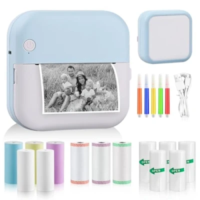 Afbeelding van GuKKK mini printer, mobiele fotoprinter, draagbare draadloze thermische met 13 rollen printerpapier en 5 kleurpotloden, smartphone bluetooth voor