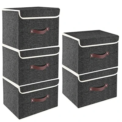 Afbeelding van TYEERS Opvouwbare Opbergdoos met Deksel, Stof, Afwasbaar, Opbergbak 38x25x25 cm, Set van 5, Zwart
