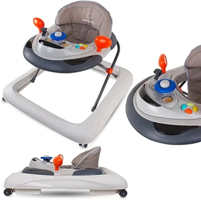 Afbeelding van Sun Baby Loopstoeltje looplerhulp met knoppen, stuur, spiegels, rubberen wielen, in hoogte verstelbaar (Grijs)