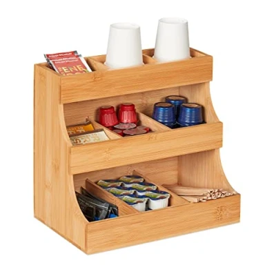 Afbeelding van Relaxdays koffie organizer, 9 vakken, bamboe, HBD: 24 x 26,5 17,5 cm, voor melk, suiker, koffiebekers, thee, natuur
