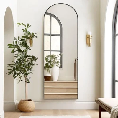 Afbeelding van Melodieux Bogen full body spiegel, 147 x 44 cm, volledige lengte, grote vrijstaande zwart aluminium frame, aankleedspiegel, wandgemonteerde spiegel voor woonkamer, slaapkamer