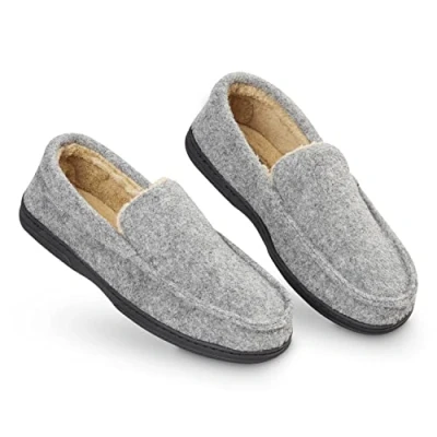 Afbeelding van Dunlop Mocassins, slippers voor heren, nepbont, met rubberen zool en traagschuim, huisslippers, binnenschoenen, geschenk Grijs, 44 EU