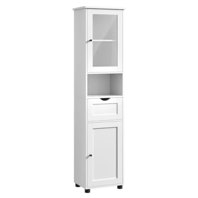 Afbeelding van VASAGLE badkamerkast, hoge kast, open vak, glazen deur, smal, badkamermeubel, badkamermeubel met poten, in hoogte verstelbare planken, ruimtebesparend, wolkenwit BBK163W01