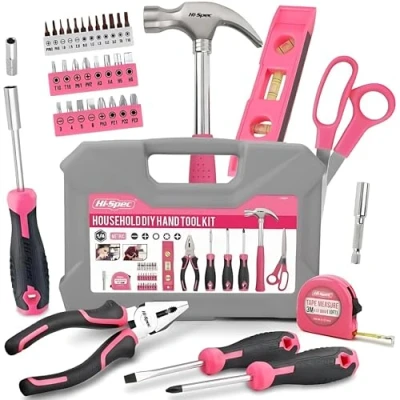 Afbeelding van Hi Spec 42 Delige Roze Gereedschapsset voor het Huishouden in Koffer met Karabijnhaak Sleutelhanger &amp; Mini Flesopener Algemene Handgereedschap Doe zelf Reparaties
