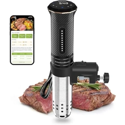 Afbeelding van KitchenBoss Sous Vide Garer Stick Wifi: Staaf, wifi, precisiekooktoestel, immersie dompeliculator, app bediening, IPX7 waterdicht, ultra stil, led touchscreen, 1100 W, 40 C 90