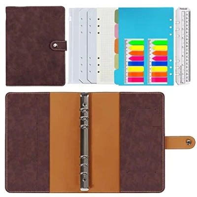 Afbeelding van Navulbaar ringband, A5, PU leer, navulbaar, dagboek, geruit, papier voor reiswerk en organizer, cadeau meisjes jongens (roodbruin, 23 x 17 cm)