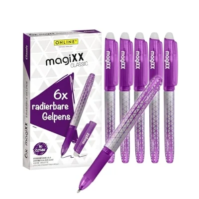 Afbeelding van Online Magic XX Gumpen, 6 stuks, lila gelpennen met 0,7 mm lijndikte, uitwisbaar voor leren schrijven en kantoor, uitwisbare balpen studenten, scholieren