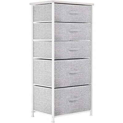 Afbeelding van Commode smal, kast met 5 laden van stof, opbergcommode, moderne stijl voor slaapkamer, woonkamer, kinderkamer, hal, lichtgrijs opbergkast