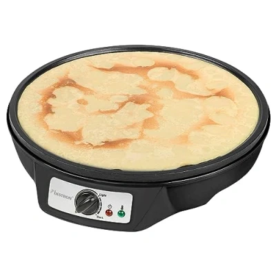 Afbeelding van Bestron Crepe Maker voor crêpes met Ø 30cm, pannenkoekenmaker incl. deegverdeler &amp; crêpeskeerder, antiaanbaklaag indicatielampje, 1000 Watt, Kleur: Zwart