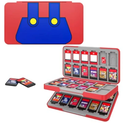 Afbeelding van MoKo 48 Game Card case Compatible with Nintendo Switch OLED 2021/Switch/Switch Lite, Games Holder for &amp; SD Card, Slim Portable Storage Box, Red Overalls