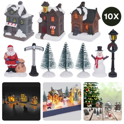Afbeelding van Cheqo® Kerstdorp Set Kersttafereel Verlichte Kersthuisjes Kerst Decoratie 10 Delig Werkt op Batterijen