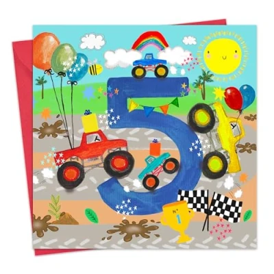 Afbeelding van Twizler 5e verjaardagskaart voor jongens monstertrucks leeftijd 5 gelukkige vijfde jongen zoon jaar oude kinderkaart kleinzoon