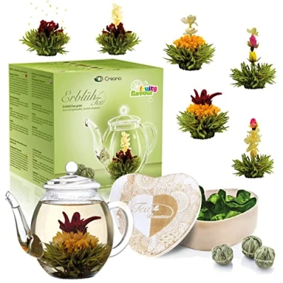Afbeelding van Creano ErblühTee Theebloemenmix in hartvormige houten doos, 6 soorten groene thee incl. glazen theepot 500 ml, cadeau voor vrouwen, moeders, theeliefhebbers