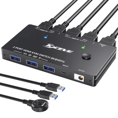 Afbeelding van 8K @60Hz HDMI KVM switch 2 PC 1 Monitor 4K @144Hz USB 3.0 switches met kabels bekabelde controller (8K Single KVM)