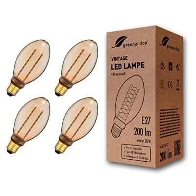 Afbeelding van 4x greenandco® Vintage Design LED lamp in retro stijl voor sfeerverlichting E27 B75 Edison lamp, 4W 200lm 1800K extra warm wit 320 230V flikkervrij, niet dimbaar