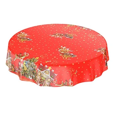 Afbeelding van ANRO Wasdoek tafelkleed, zeildoek, afwasbaar; patroon met kerstman, rood, sterren, rond, 140