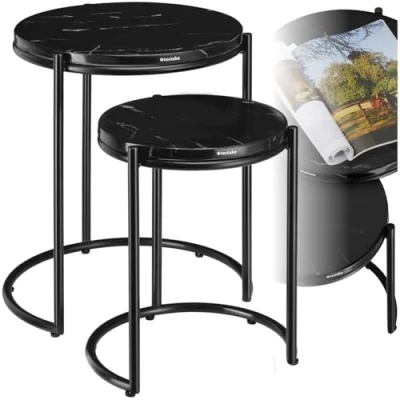Afbeelding van tectake® Bijzettafel Ellsa Set van 2 in elkaar schuifbare Bijzettafels met Marmeren Blad 43 x 50,5 en 33 40,5 cm Zwart/Zwart Salontafel Bedtafel Draagkracht 12kg per Tafel