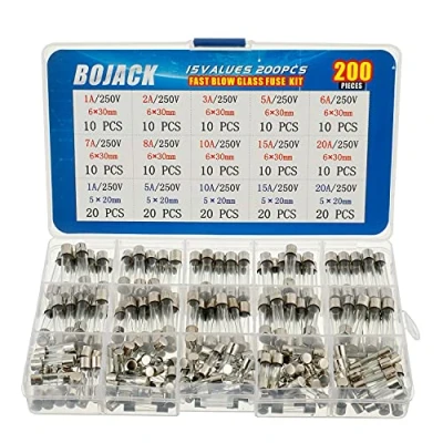 Afbeelding van BOJACK 15 waarden 200 stuks Snelle glaszekering Assortimentset 5x20mm 250V 1 5 10 20A 6x30mm 2 3 6 7 8 verpakking in een doorzichtige plastic doos