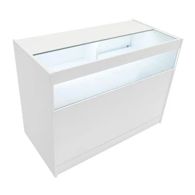 Afbeelding van Wit Winkel Toonbank LED Verlichting B1200 Afsluitbaar Schuifdeuren 2 Sleutels Detailhandel Opbergkast Glas Vitrine Display Kast Receptie Bureau 3 Planken 1 Open Gesloten Schappen Witte Lampen