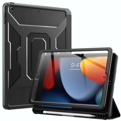 Afbeelding van MoKo Case for iPad 10.2, Fit 9th Gen 2021/ 8th/7th 2020/2019, Built in Screen Protector Full Body Shockproof Cover Multiangles Stand with Auto Sleep/Wake &amp; Pencil Holder, Black