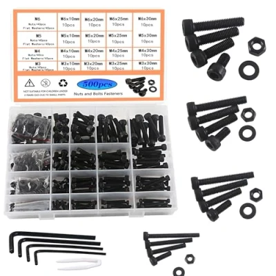Afbeelding van HVDHYY M3 M4 M5 M6 schroeven en moeren set koolstofstaal sluitringen assortiment kit zwart binnenzeskant machineschroeven met opbergdoos 500 stuks